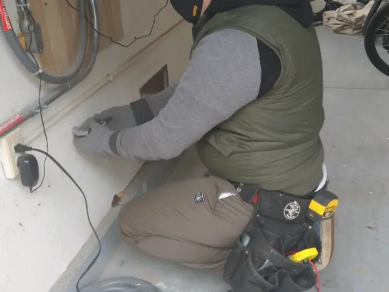 Electrician performing outlet wiring in a Duxbury garage